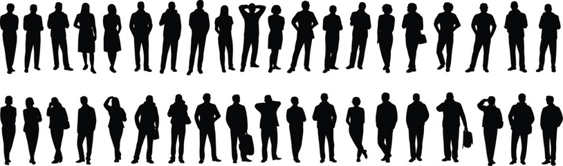 Silhouette people collection, standing poses, business men women, casual stances, vector illustration, black figures, diverse characters, posture set, design elements, crowd icons, lifestyle