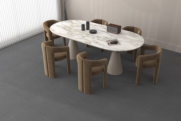 Top view from side of a dining area interior with mat gray tiles on floor, beige marble on wall, neutral setup. 3D Rendering