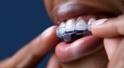 Person is carefully removing a transparent plastic aligner tray from the upper teeth, demonstrating the process of wearing orthodontic devices for straightening teeth and improving oral health