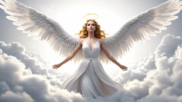 A beautiful angel with white wings spreading in heaven. A divine female figure with a golden halo standing in the clouds. Spiritual and religious concept animation