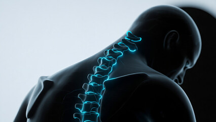 A single glowing blue line tracing a healthy spine curve on a dark background for healthcare advertising