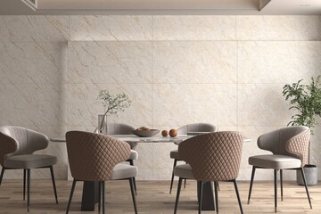 Modern family specious dining area interior with quartz decor on wall and real plants for some fresh air, and wooden furniture. 3D Rendering