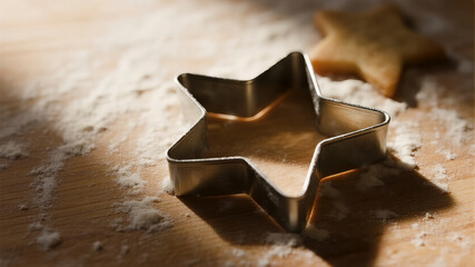A single, perfect star-shaped cookie cutter resting on a clean, floured wooden surface, illuminated by warm light, for advertising