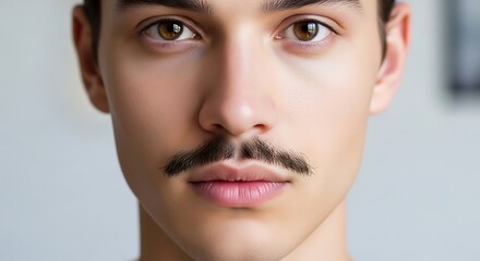 A closeup portrait of a man with a thick, well groomed moustache, detailed facial hair texture and skin tone visible, neutral background, ultra realistic, 8k resolution
