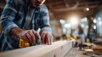 Skilled carpenter uses power tool to shape wood in a workshop during daylight hours