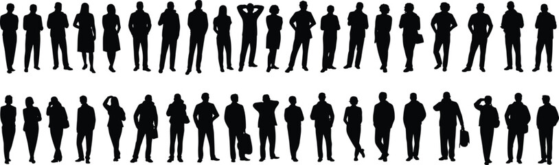 Silhouette people standing poses, business crowd illustration, human posture variety, fashion figure outline, group character design, black vector figures, diverse stance collection, isolated icons