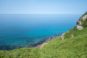 Clear blue sea with rocky coastline and green grass under sunny sky at Cape Kamui, Kozakicho, Japan