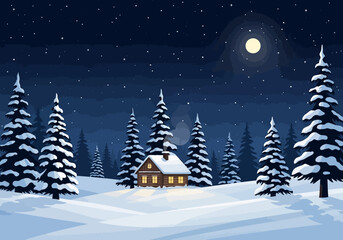 Cozy illuminated cabin in a snowy winter forest landscape on a peaceful starry night