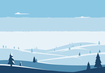 Serene blue winter landscape with rolling snowy hills and evergreen trees