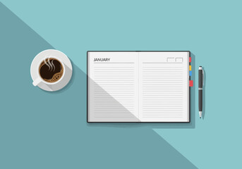 January Planning Coffee, Calendar, and Pen Flat Lay