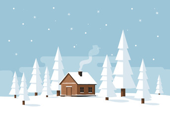 Winter Cabin Scene Peaceful Snowfall in a Forest, Cozy Home Illustration
