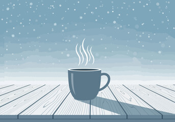Warm mug of steaming coffee on a snowy wooden table, evoking cozy winter comfort and peaceful moments amidst falling snowflakes