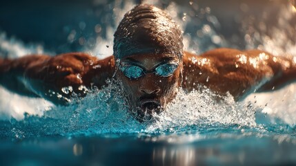 Man swims butterfly stroke with goggles and cap, water splashing. Use to illustrate athletic skill, determination, or healthy lifestyle.