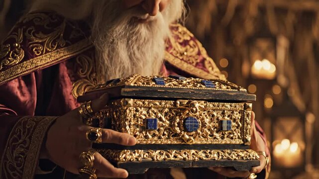 An old man holding an ornate gold treasure box. A wizard or king presenting a mysterious and precious casket with gemstones. Fantasy and history concept