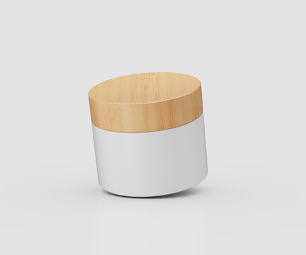 Elegant cosmetic cream jar with natural wooden lid on a clean white background.