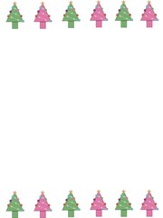A cute pink and green Christmas tree border with decorations on a plain white background
