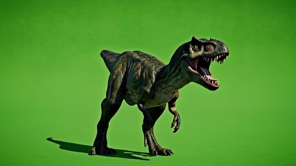 Realistic Allosaurus dinosaur roaring on a green screen. Prehistoric 3D animated creature for chroma key visual effects. Paleontology and Jurassic era concept - Powered by Adobe