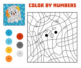 Color by number page for kids with cute ghost character. Vector Halloween illustration for children coloring book. Magical and funny activity for preschool and school kids.