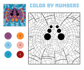 Cute spider and web color by number activity for kids. Fun Halloween educational coloring page with numbers. Autumn printable worksheet for preschool and kindergarten children