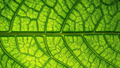 Detailed Macro Shot of a Vibrant Green Leaf Vein Structure Illuminated From Behind Showing Intricate Patterns and Translucent Texture