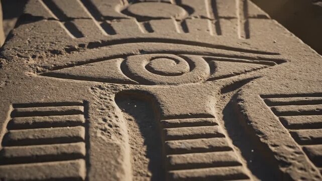 Ancient Egyptian Eye of Horus symbol carved in stone. Close-up detail of a hieroglyph on a temple wall. History and mythology of Egypt