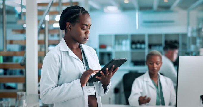 Thinking, science and woman with tablet, research or medical report for experiment, choice or app. People, scientists or biotech with decision, medicine development or drug trial results with vaccine
