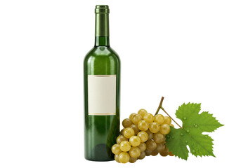 Fototapeta premium Isolated Wine Bottle with Grapes and Leaf Still Life in Studio Shot for Design Template