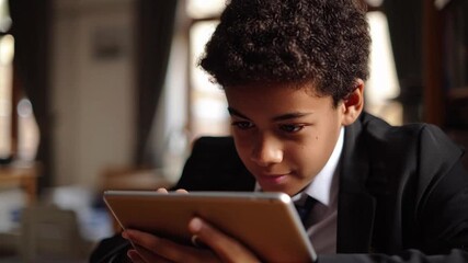 Focused young student in school uniform diligently learning on a tablet, bathed in warm natural light from a window, representing modern education and digital engagement. - Powered by Adobe