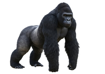 Isolated powerful gorilla with silver back stands and looks ahead in a neutral pose