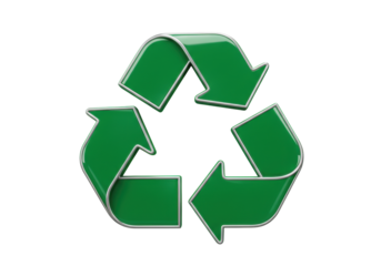 Isolated recycled symbol, sustainability concept, shiny metal frame, bright green coloring