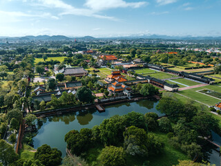 Aerial view of Hue Citadel and view of Hue city, Vietnam. Imperial Royal Palace of Nguyen dynasty.
