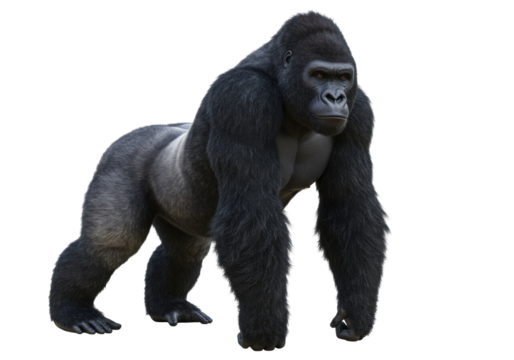 Isolated powerful gorilla with silver back stands and looks ahead in a neutral pose
