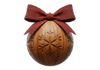Isolated rustic wooden Christmas ornament with carved snowflake patterns and a textured red bow festive holiday decoration seasonal object