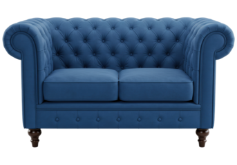 Isolated elegant blue velvet Chesterfield loveseat classic two seater sofa furniture for luxurious interior design comfort and style