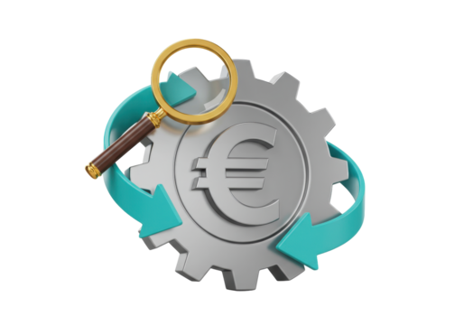 Isolated Euro currency symbol on a grey gear with a magnifying glass and teal arrows representing financial analysis and economic process
