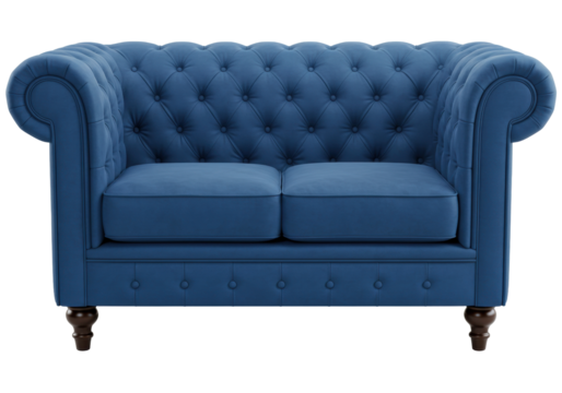 Isolated elegant blue velvet Chesterfield loveseat classic two seater sofa furniture for luxurious interior design comfort and style