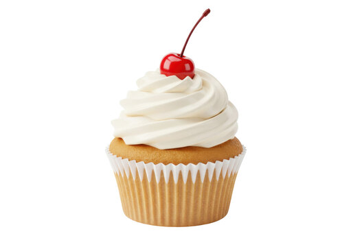 Isolated delicious vanilla cupcake with creamy frosting and a bright red cherry on top a sweet baked dessert treat for celebrations - Powered by Adobe