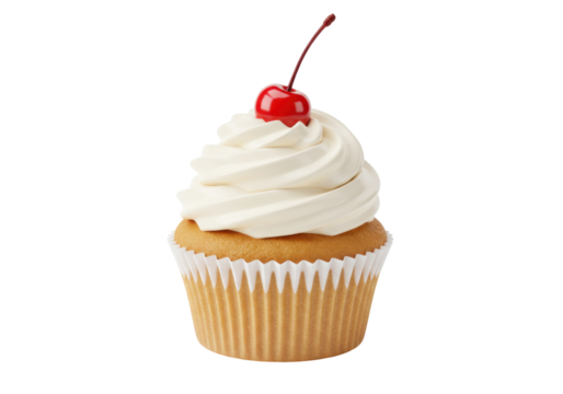 Isolated delicious vanilla cupcake with creamy frosting and a bright red cherry on top a sweet baked dessert treat for celebrations - Powered by Adobe