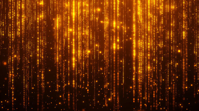 Cinematic background of golden rain with glowing binary code