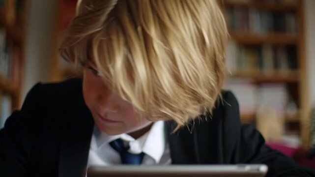 Young student intently focused on a tablet in a library setting, showcasing modern education and digital learning in a sophisticated environment. - Powered by Adobe