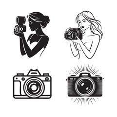 Four black and white graphic designs featuring cameras and women photographers photography