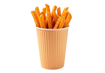 Delicious sweet potato fries in a paper cup isolated on transparent background PNG image Crispy and flavorful snack