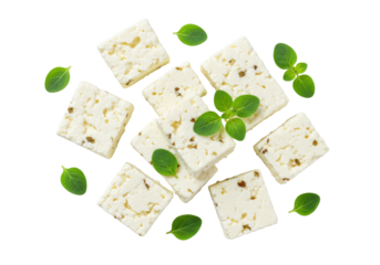 Delicious feta cheese cubes with oregano leaves isolated on transparent background PNG healthy Mediterranean food concept
