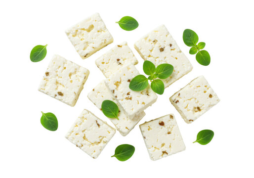 Delicious feta cheese cubes with oregano leaves isolated on transparent background PNG healthy Mediterranean food concept - Powered by Adobe