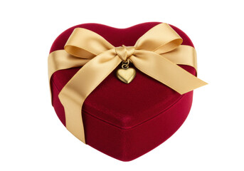 Heart Shaped Red Velvet Gift Box with Golden Ribbon and Heart Charm Isolated PNG on Transparent Background Love and Romance