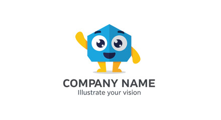 Cute blue pentagon character mascot waving hello.