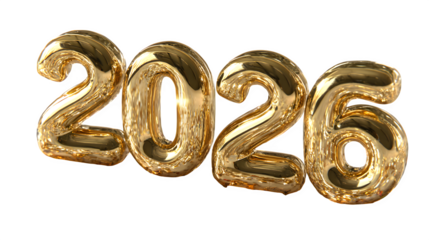 Happy New Year 2026 in glossy 3D golden numbers, surrounded by floating crystal spheres, confetti sparkles, and soft reflective shadows, giving a premium festive look, isolated on white background