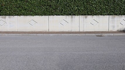 House fence made of  prefab concrete wall with hedge above and carved rhombus shapes.  Sidewalk and street in front. Background for copy space