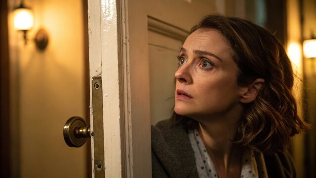 Woman nervously staring at a door lock in a dimly lit space