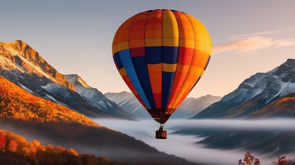 Obraz premium A vibrant hot air balloon ascends into the sky, offering breathtaking views of colorful autumn foliage and majestic mountains during sunrise. The scene captures nature's beauty and tranquility.